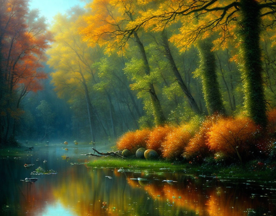 Tranquil autumn landscape with golden trees, misty river, and vibrant bushes