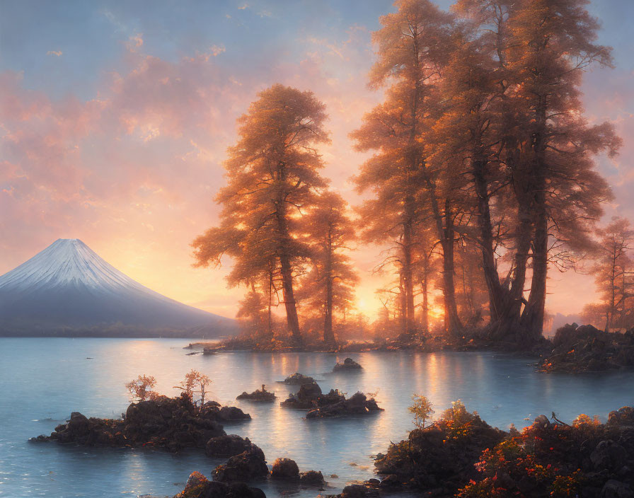 Tranquil lakeside sunrise with golden trees and mountain reflection