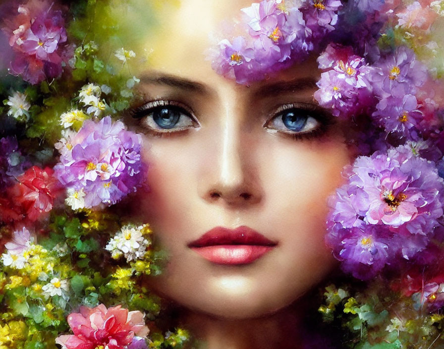 Vibrant Floral Surrounding Woman's Face in Dreamy Painting