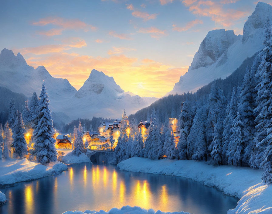 Snowy winter landscape: serene river, snow-covered trees, mountains at dusk