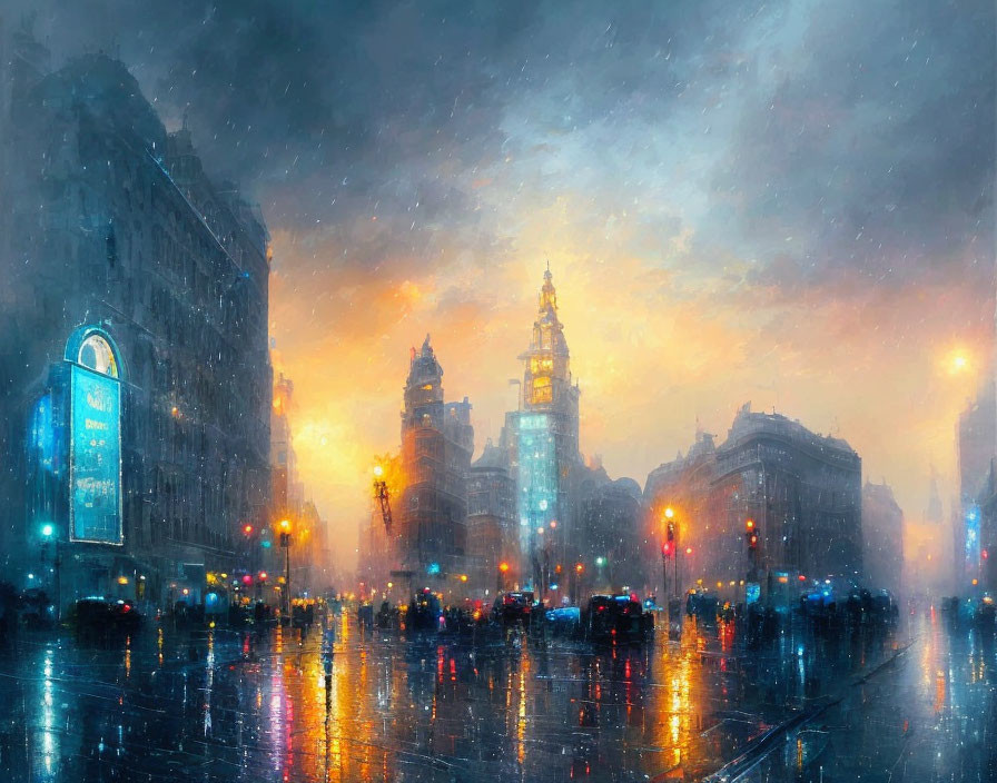 Cityscape with rain-drenched streets and shimmering reflections at twilight