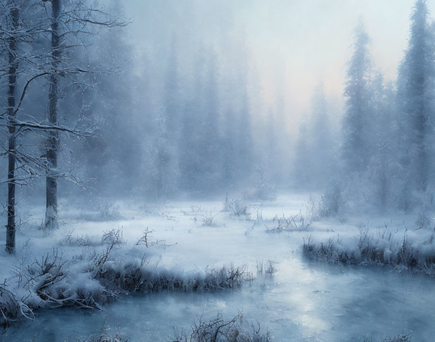 Snow-covered trees and frozen river in serene winter landscape