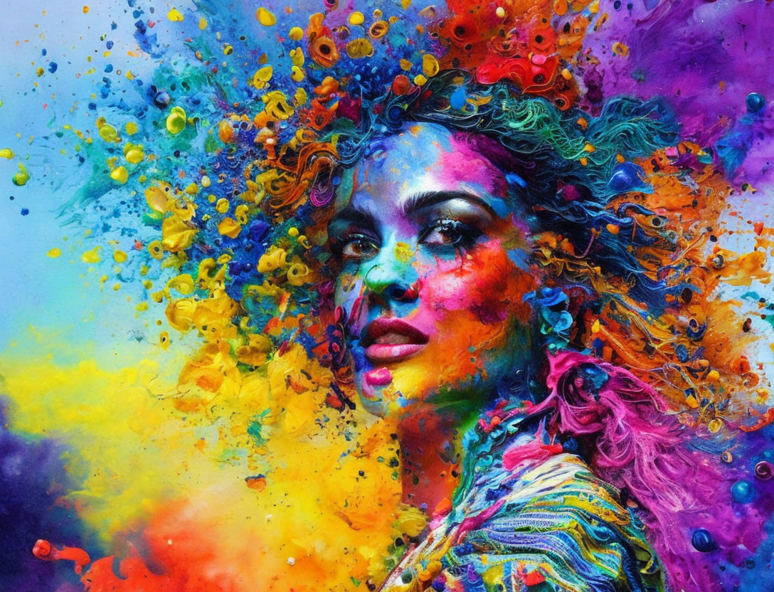 Colorful paint splashes surround woman's portrait in vibrant display