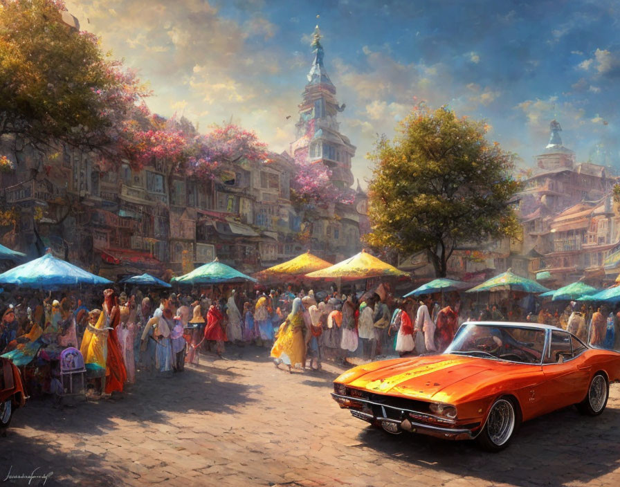 Colorful street scene with people, umbrellas, orange car, and historic buildings.