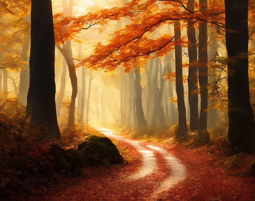 Scenic sunlit forest path with autumn foliage