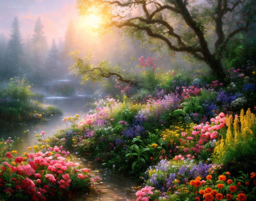 Serene river garden with vibrant flowers and misty sunrise