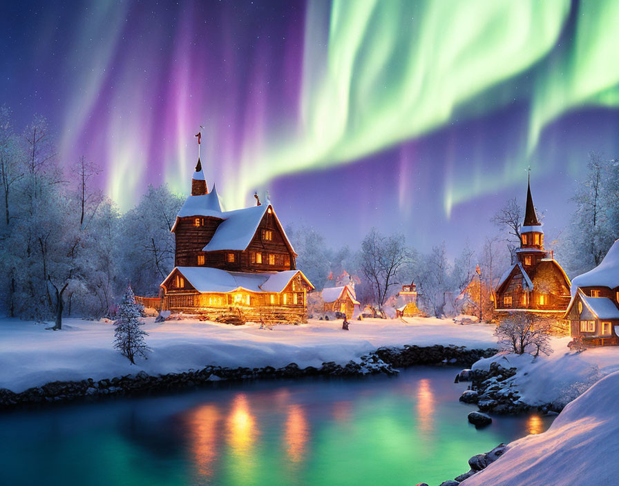 Snow-covered winter village with wooden houses, river, and Northern Lights