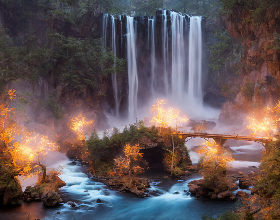 Tranquil waterfall, stone bridge, autumn trees by misty river