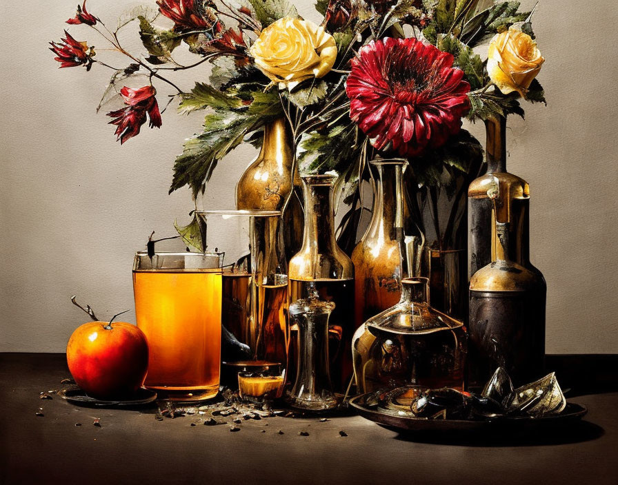 Luminous glass vessels, vibrant flowers, apple, spices on dark background