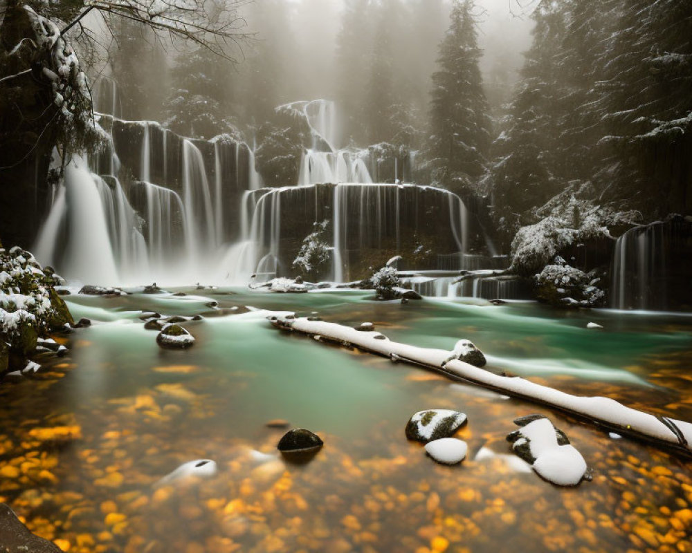 Tranquil winter waterfall scene with snow-dusted evergreens