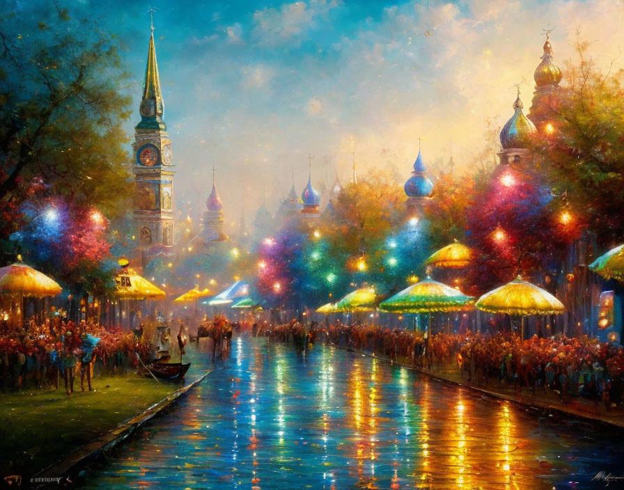 Impressionistic painting of festival by water with stalls and church