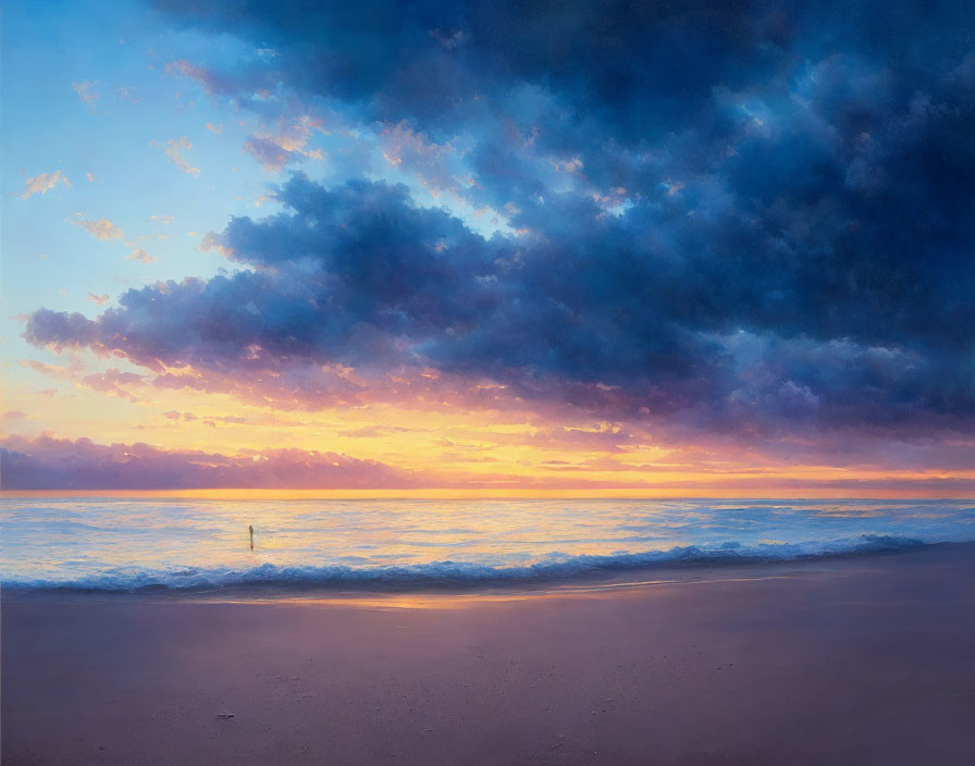 Twilight seascape with blue and purple sky above golden horizon