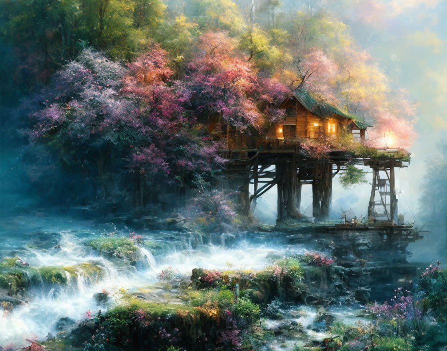 Tranquil wooden cabin on cliff with waterfall and misty landscape