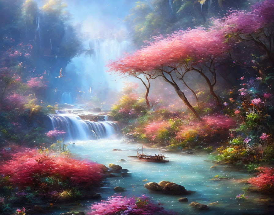 Tranquil landscape with pink trees, waterfall, boat, and misty rays.