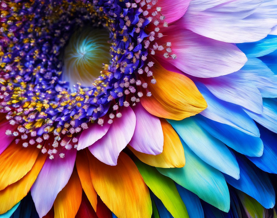 Vibrant Daisy with Blue to Orange Gradient Petals and Surrounding Violet Flowers