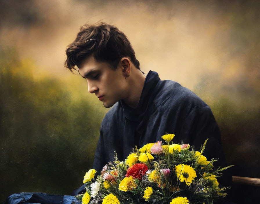 Young man in dark hoodie holding colorful bouquet against soft background