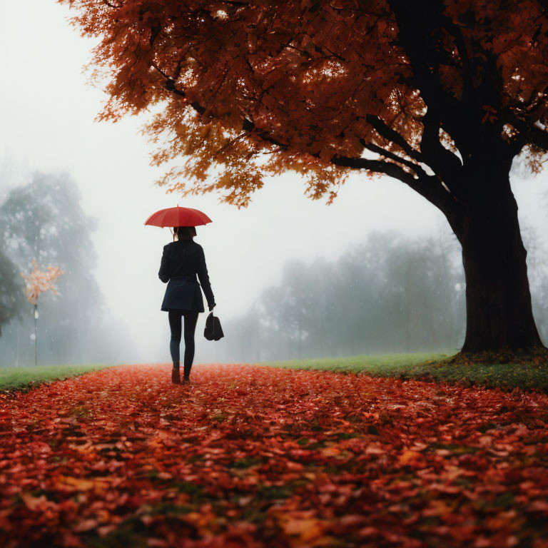 Person with red umbrella walks on autumn path in misty park