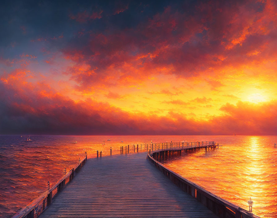 Wooden Pier Extending into Fiery Orange Sea at Sunset