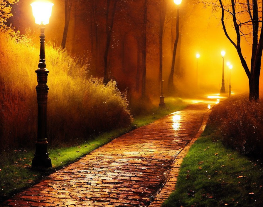 Serene park with misty evening cobblestone path