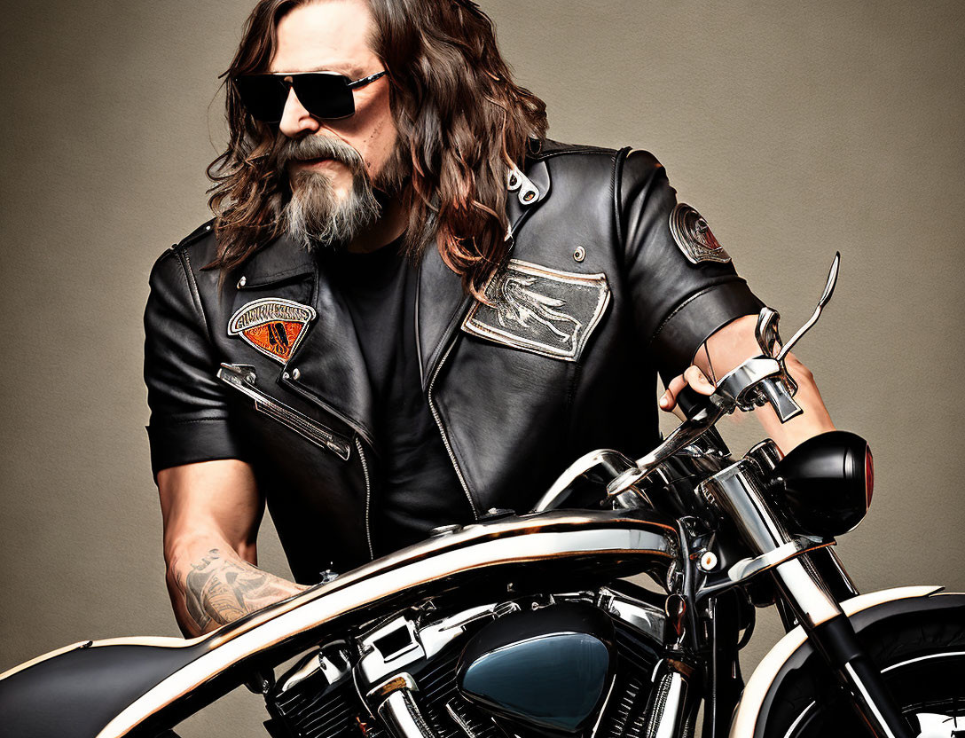 Bearded man in sunglasses on motorcycle against tan background