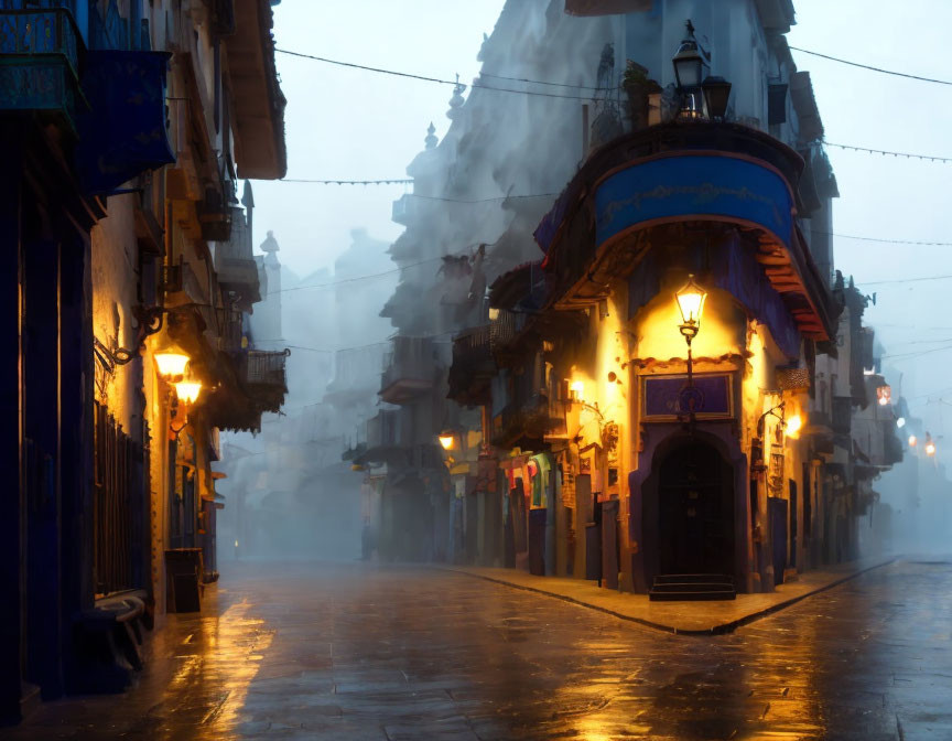 Misty cobblestone street at dusk with warm glowing lights from ornate building