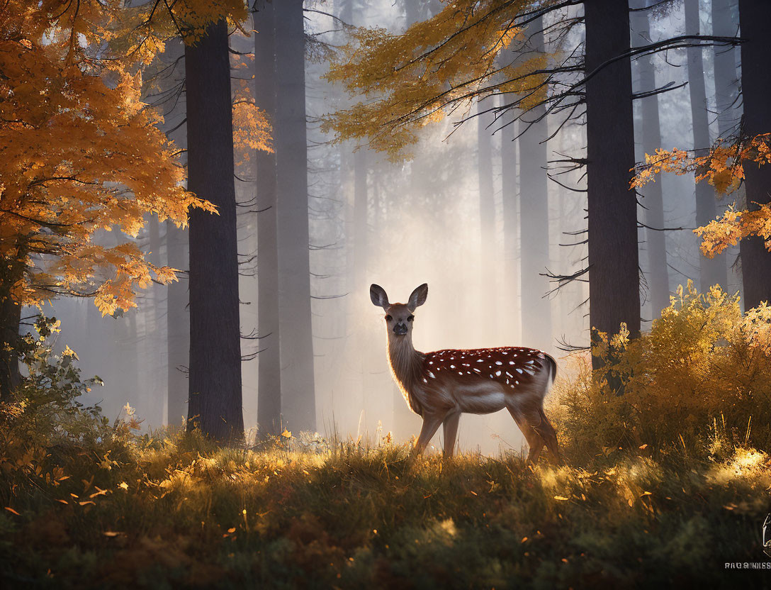 Deer in sunlit autumn forest with golden leaves and mist