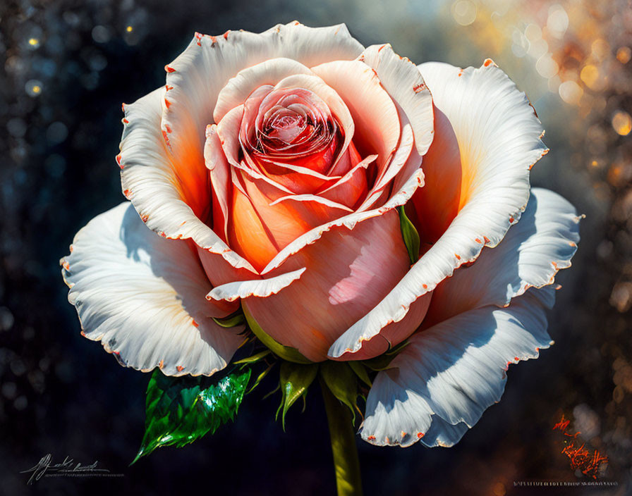 Close-up Peach-Colored Rose with White Edges on Golden Bokeh Background