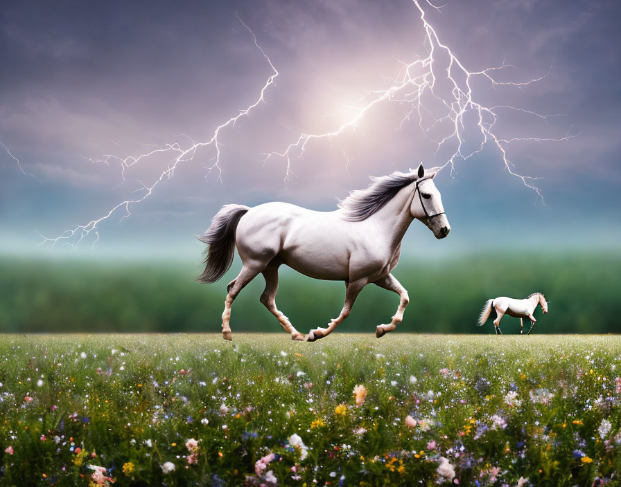 White Horse Galloping in Vibrant Field with Wildflowers and Lightning Sky