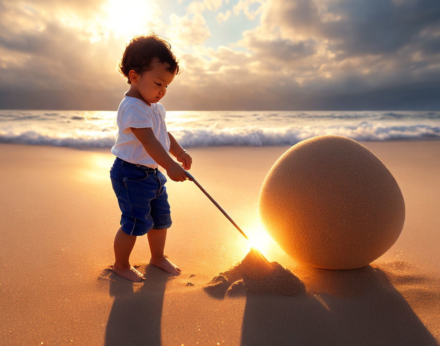 Toddler pushing illuminated sphere on sandy beach at sunset