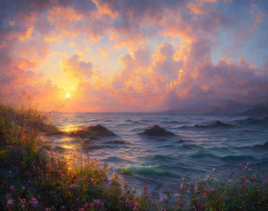 Golden sunrise seascape with tumultuous waves and wildflowers on rocky shoreline