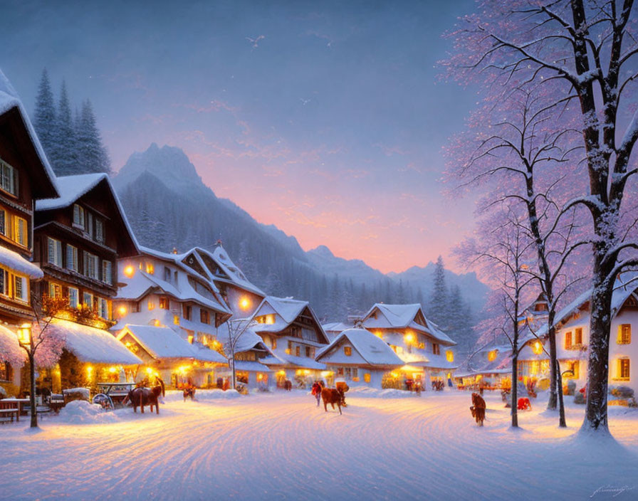 Snowy village at dusk: Glowing windows, horse carriage, pink sky, mountain backdrop