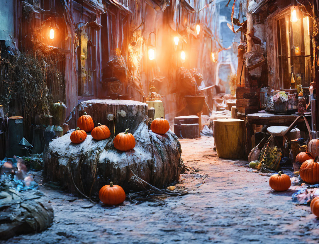 Enchanting autumnal alley with pumpkins, lanterns, rustic doors.