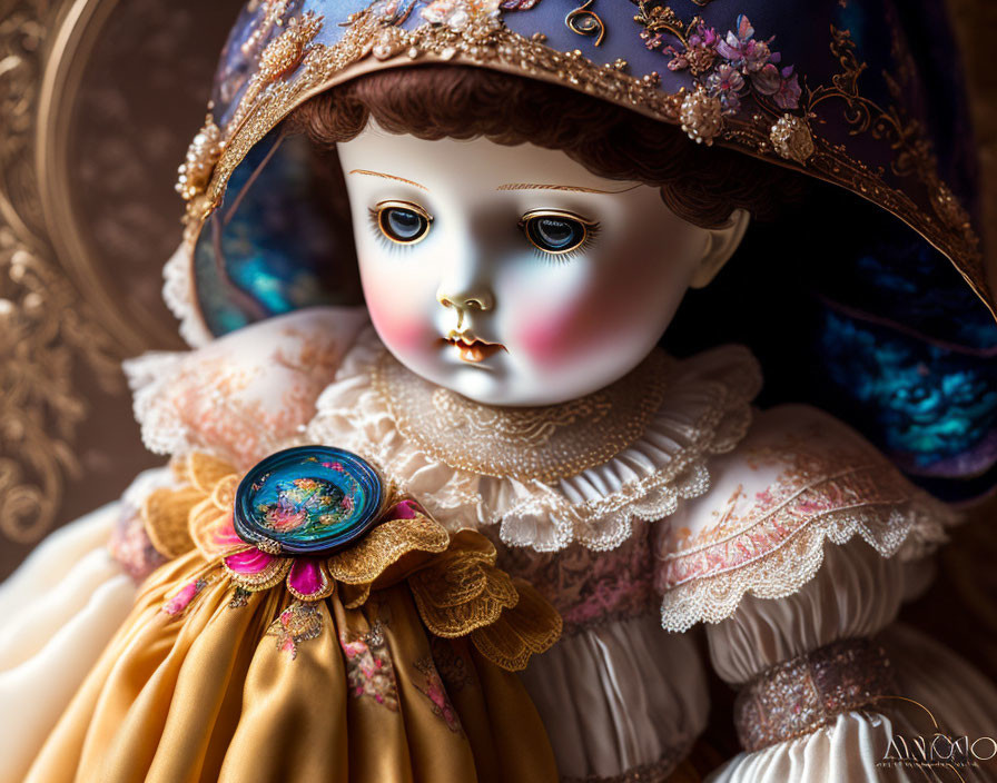 Intricately designed porcelain doll with floral bonnet and gold-trimmed dress