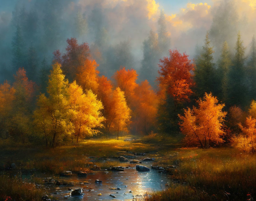 Vibrant autumn forest scene with stream, orange and yellow trees, rocks, and mist.