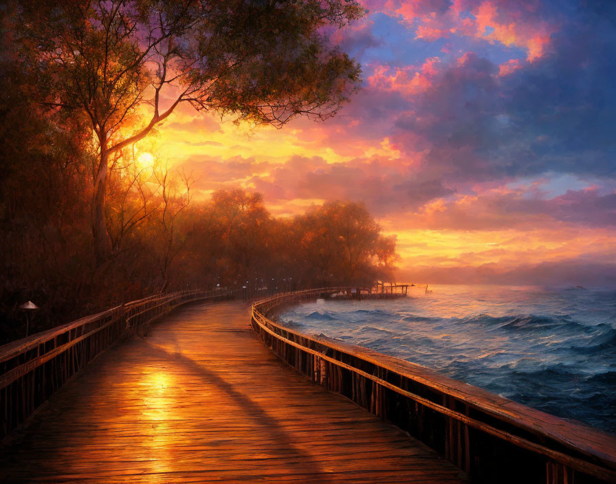 Scenic wooden boardwalk along rough sea at sunset