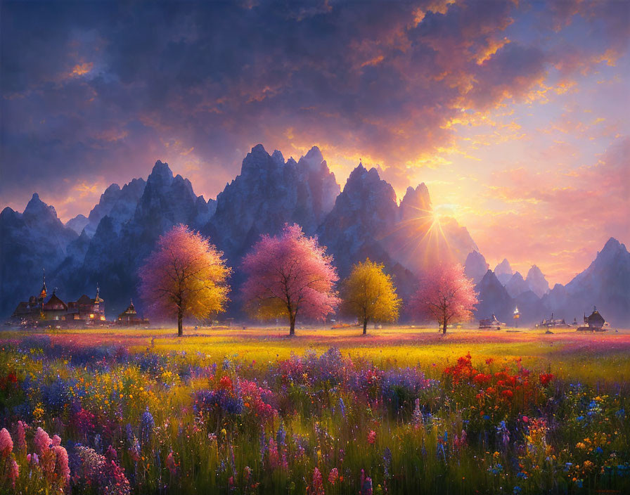 Colorful sunset over mountains and blooming village landscape