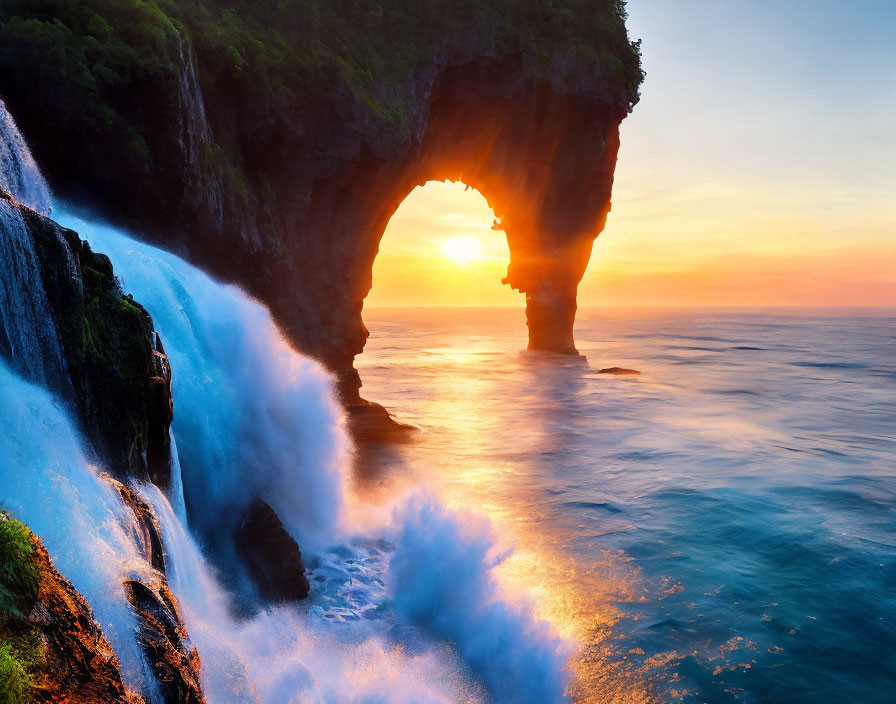 Scenic sunset over sea arch with waterfall and crashing waves