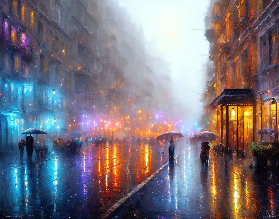 Colorful lights reflect on wet city street with people and umbrellas