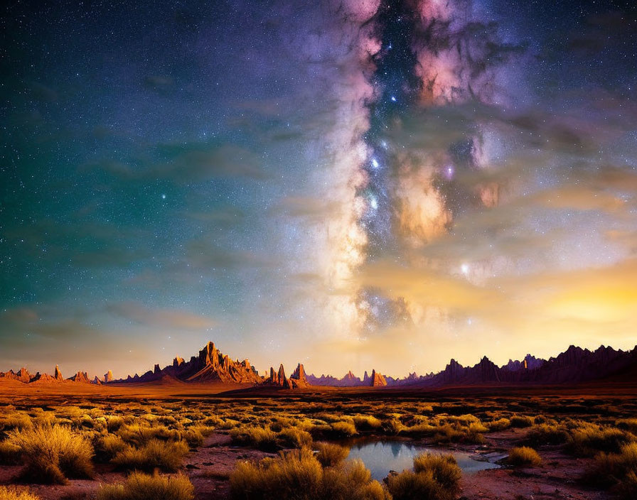 Desert Night Landscape with Milky Way Galaxy and Rock Formations