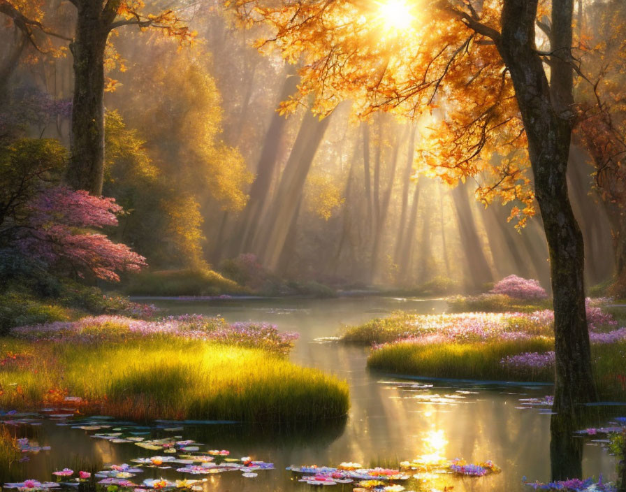 Serene forest at sunrise with colorful trees and tranquil river