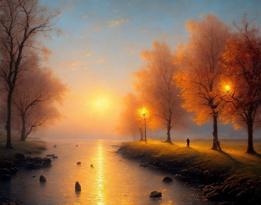 Vibrant autumn trees by misty river at sunrise with lone figure