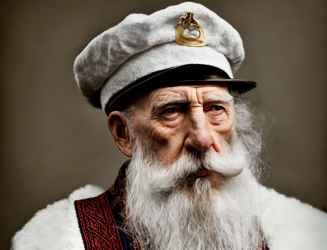 Elderly man in traditional attire with white beard and stern look