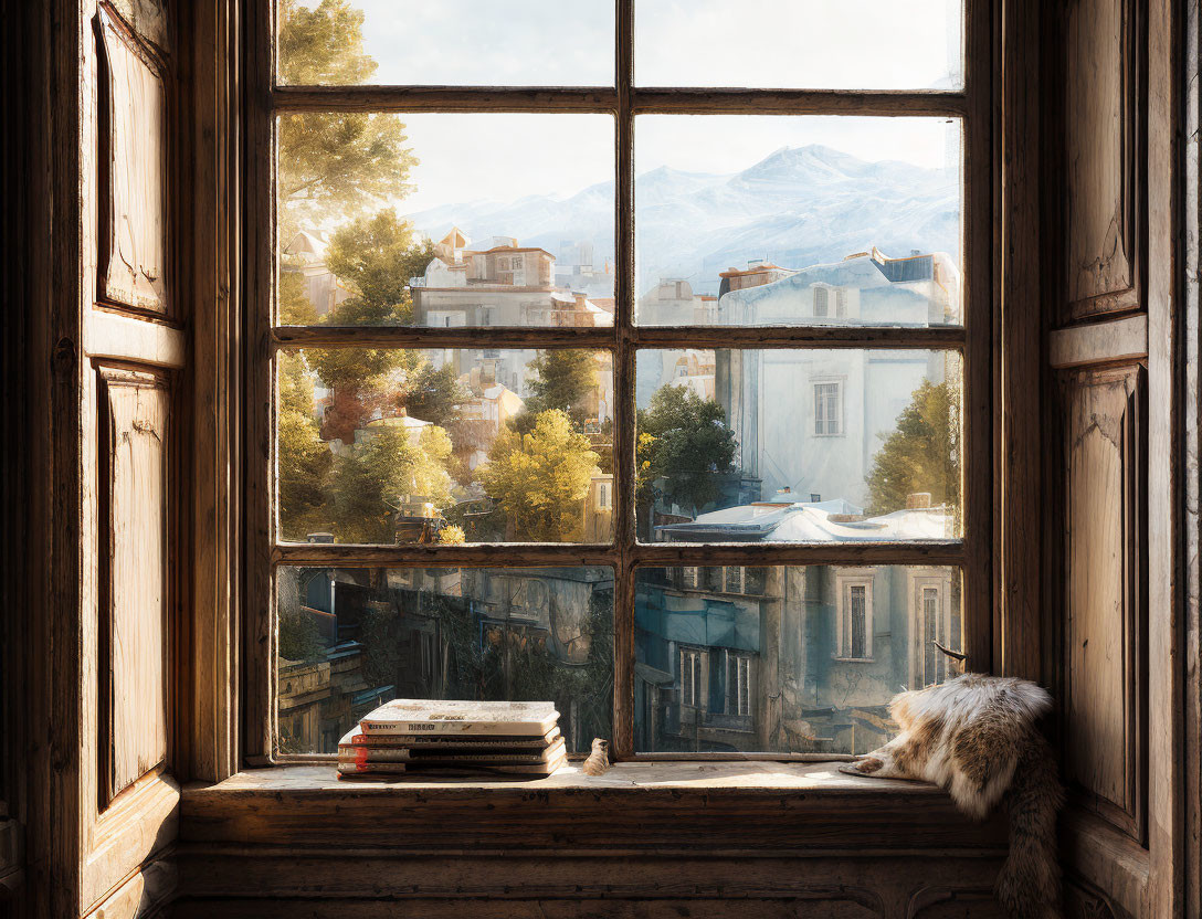 Cat resting on windowsill overlooking town with books and mountains.