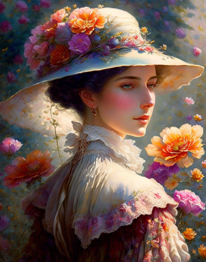 Victorian lady with floral hat and lace collar in flower-filled scene