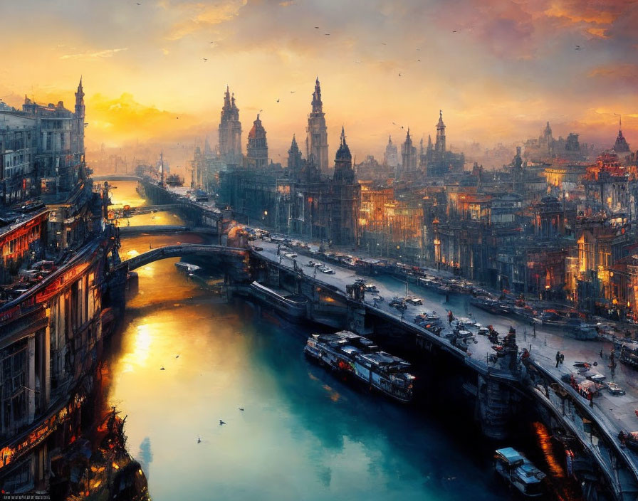 Vibrant cityscape at sunset with ornate buildings and river reflections