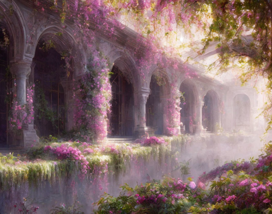 Ethereal overgrown cloister with arches and columns in soft light