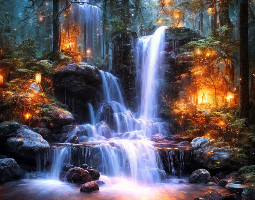 Mystical forest scene with waterfall and glowing lights