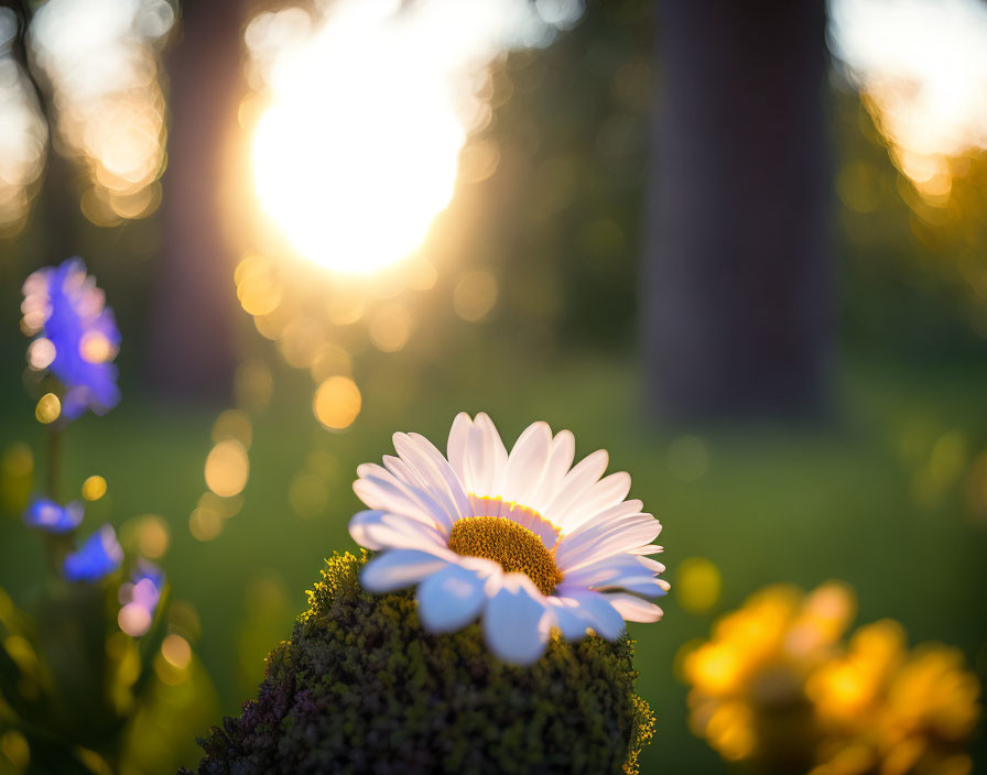 Close-up White Daisy with Yellow Center in Soft-focus Greenery and Sunlight