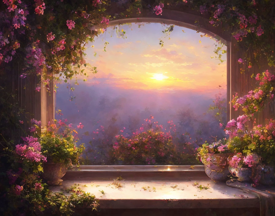 Scenic sunset view through stone archway with pink flowers
