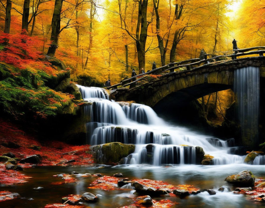Scenic autumn waterfall under stone bridge with golden trees